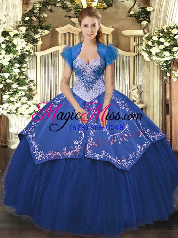 wholesale free and easy floor length blue 15 quinceanera dress satin and tulle sleeveless beading and embroidery