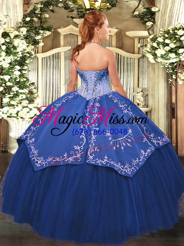 wholesale free and easy floor length blue 15 quinceanera dress satin and tulle sleeveless beading and embroidery