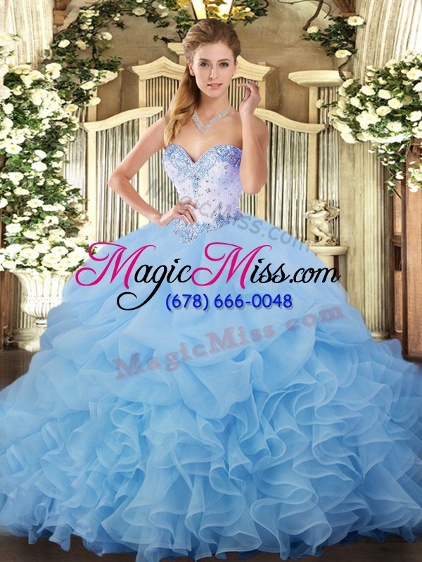 wholesale clearance blue lace up sweetheart beading and ruffles and pick ups quinceanera dress organza sleeveless