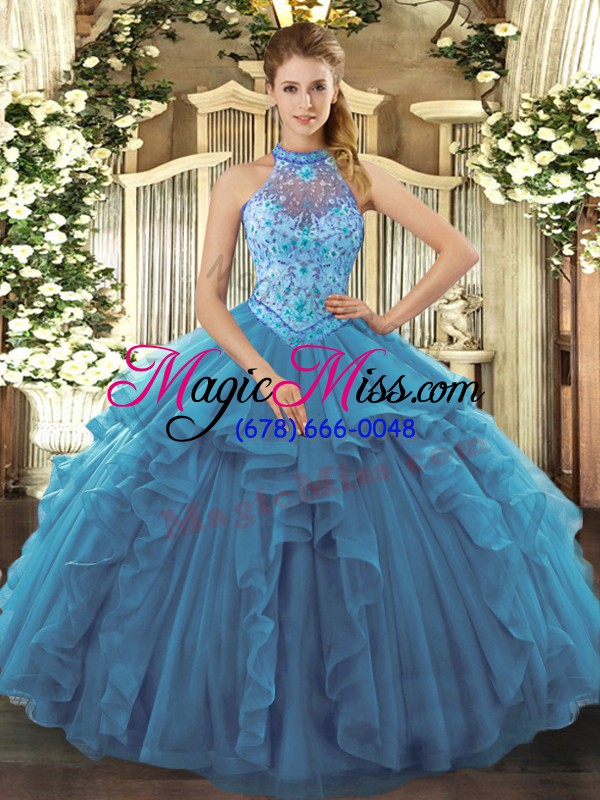 wholesale superior floor length teal sweet 16 quinceanera dress organza sleeveless beading and ruffles