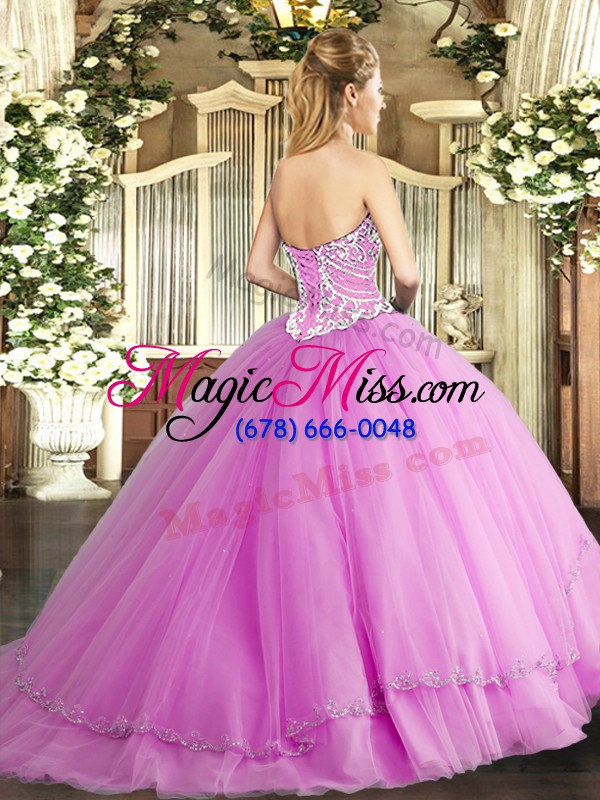 wholesale affordable sleeveless brush train lace up beading ball gown prom dress