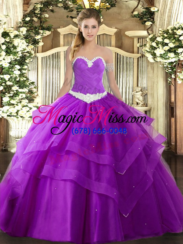 wholesale discount sleeveless appliques and ruffled layers lace up quince ball gowns