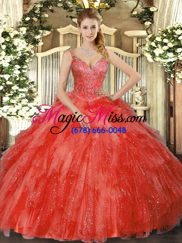 wholesale red sweet 16 dresses military ball and sweet 16 and quinceanera with beading and ruffles v-neck sleeveless lace up