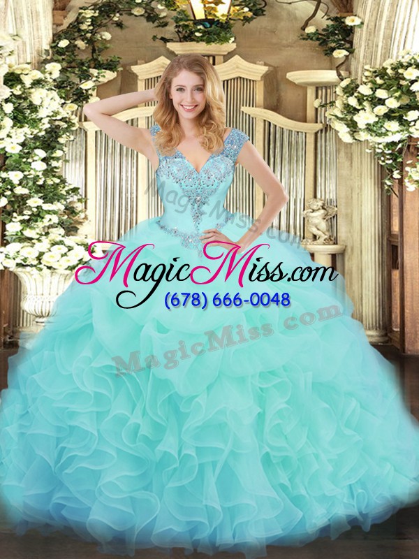 wholesale sweet aqua blue sleeveless ruffles floor length ball gown prom dress