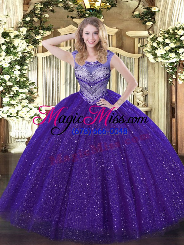 wholesale tulle and sequined scoop sleeveless lace up beading sweet 16 quinceanera dress in purple