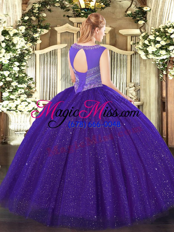 wholesale tulle and sequined scoop sleeveless lace up beading sweet 16 quinceanera dress in purple