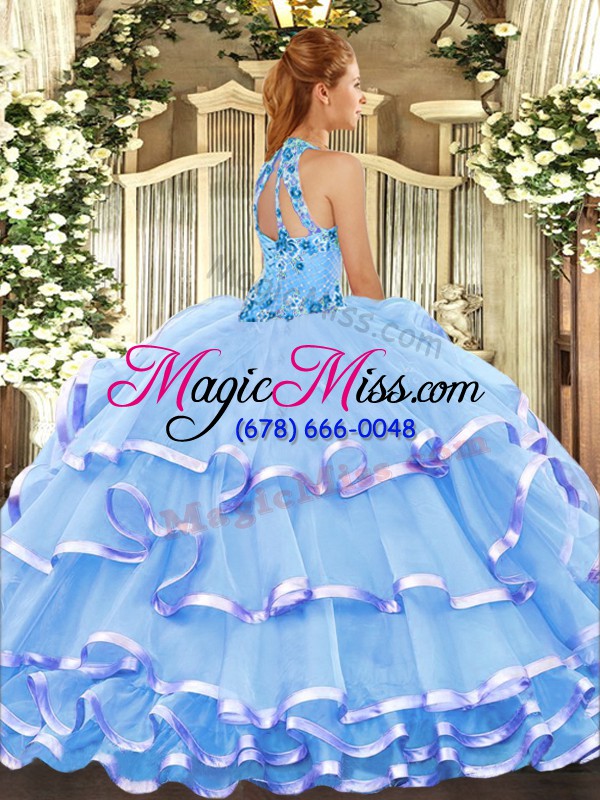 wholesale extravagant floor length baby blue quinceanera gown halter top sleeveless lace up