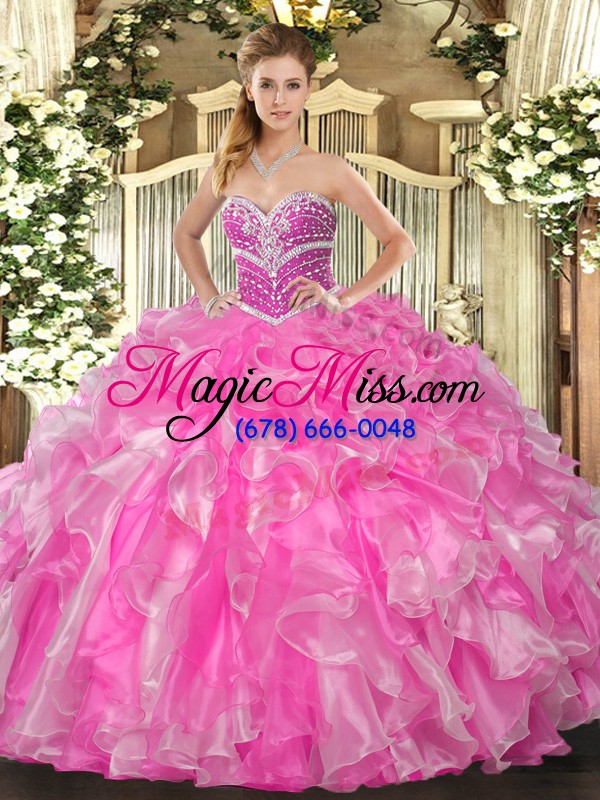 wholesale designer organza sweetheart sleeveless lace up beading and ruffles quinceanera gowns in rose pink