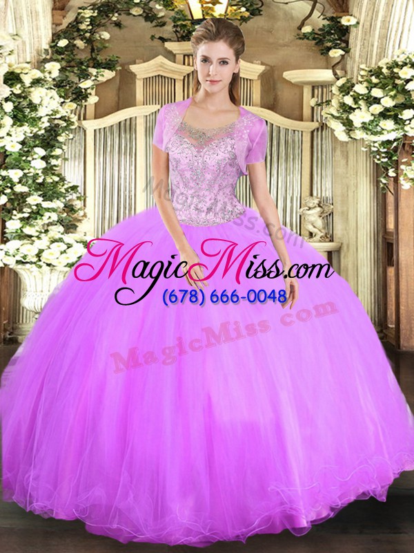 wholesale fabulous lilac ball gowns scoop sleeveless tulle floor length clasp handle beading quinceanera dress