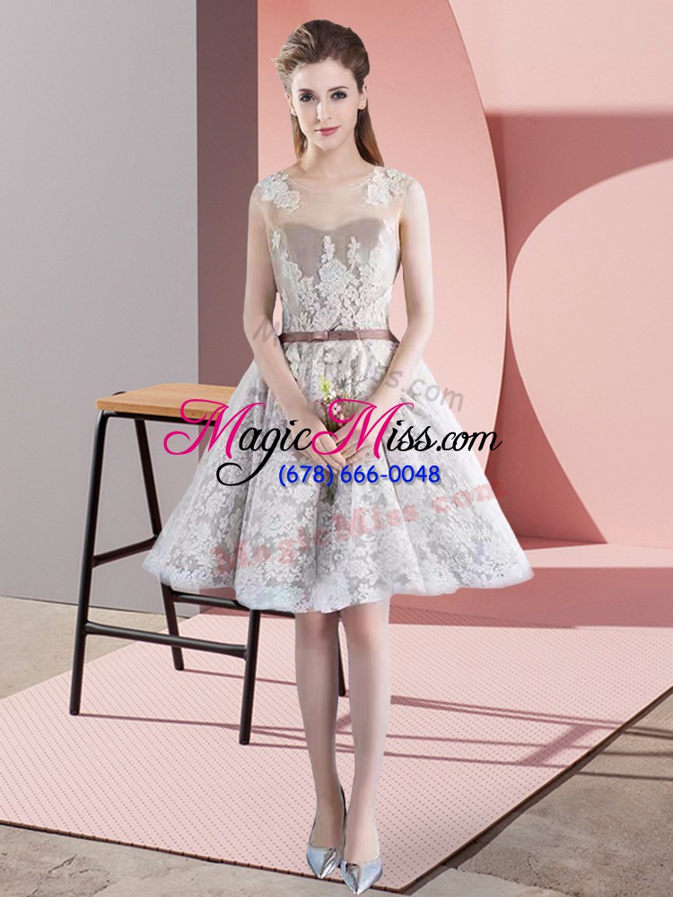 wholesale decent scoop sleeveless prom party dress mini length appliques and belt white taffeta and tulle