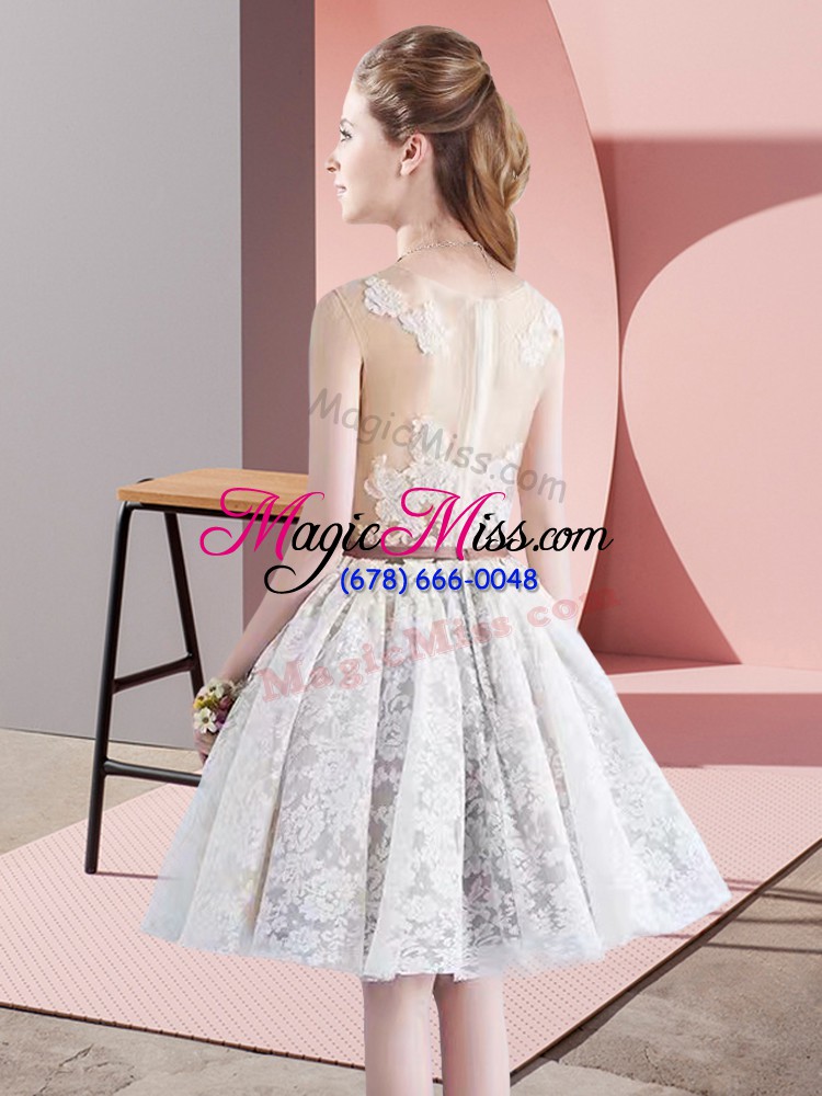 wholesale decent scoop sleeveless prom party dress mini length appliques and belt white taffeta and tulle