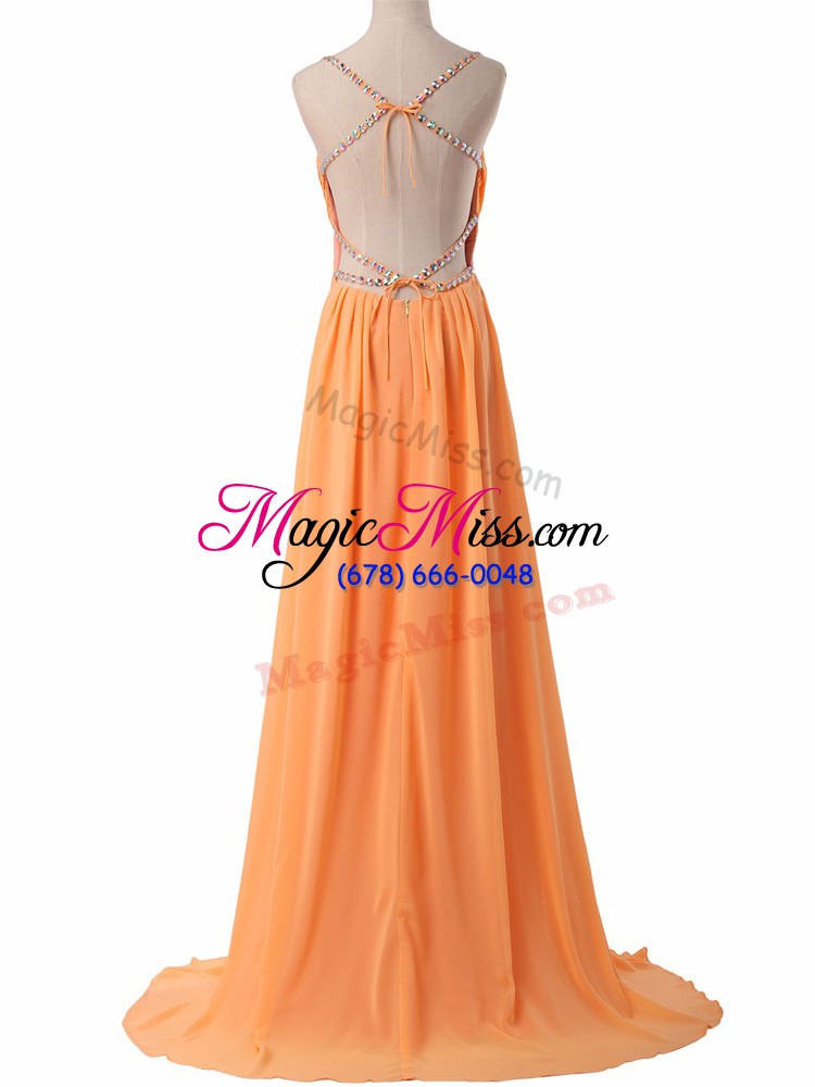 wholesale high class orange prom dress spaghetti straps sleeveless sweep train criss cross