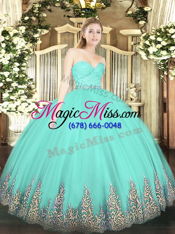 wholesale perfect sweetheart sleeveless vestidos de quinceanera floor length beading and lace and appliques apple green tulle