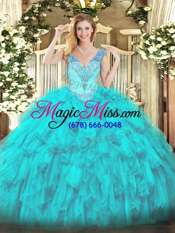 wholesale floor length lace up 15 quinceanera dress aqua blue for military ball and sweet 16 and quinceanera with beading and ruffles