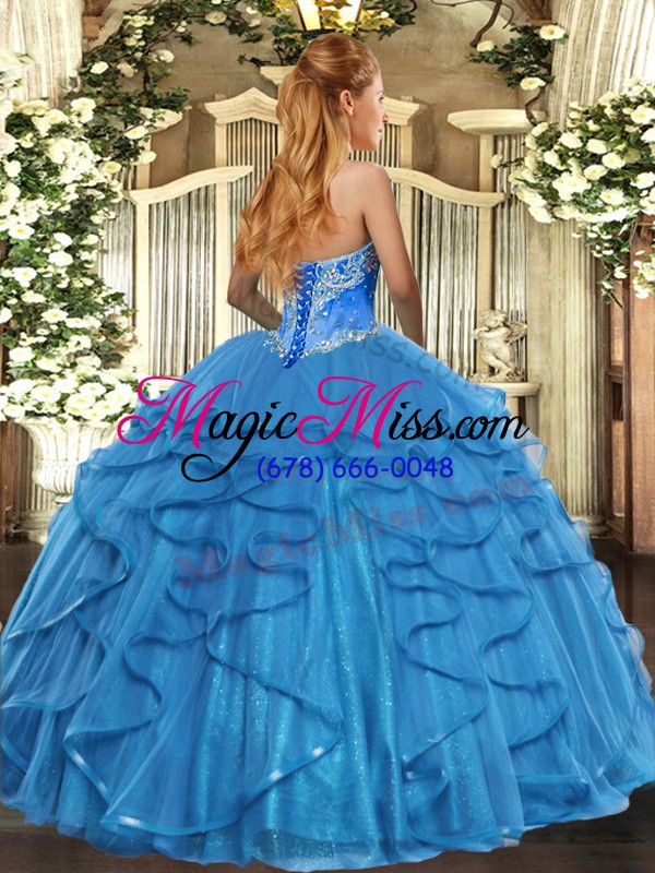 wholesale custom designed aqua blue sweetheart lace up beading and ruffles quince ball gowns sleeveless