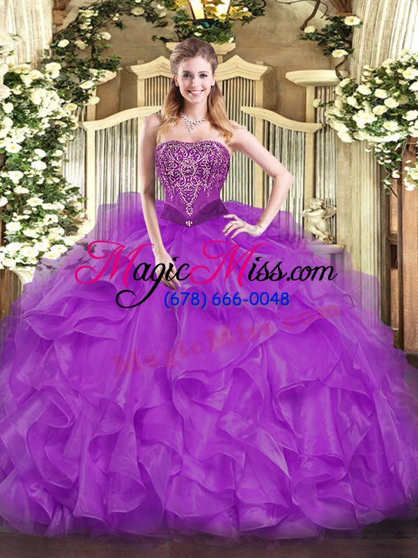 wholesale purple organza lace up strapless sleeveless floor length sweet 16 quinceanera dress beading and ruffles