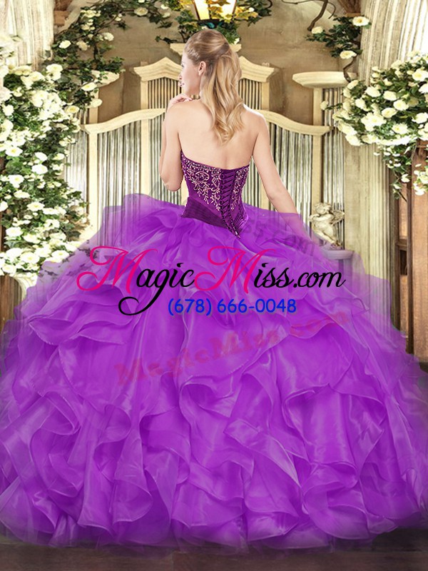 wholesale purple organza lace up strapless sleeveless floor length sweet 16 quinceanera dress beading and ruffles