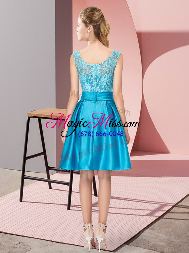 wholesale blue satin zipper prom gown sleeveless knee length lace and hand made flower