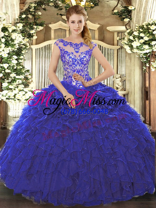 wholesale fashionable royal blue ball gowns beading and ruffles quinceanera gown lace up organza cap sleeves floor length