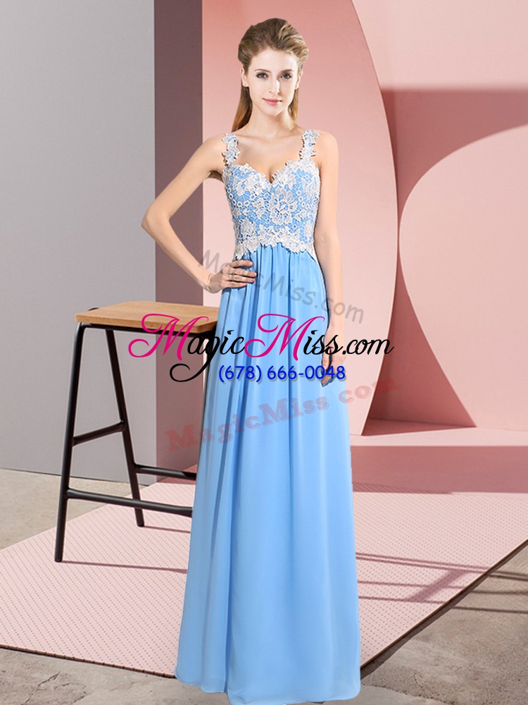 wholesale custom made sleeveless floor length lace zipper prom gown with aqua blue
