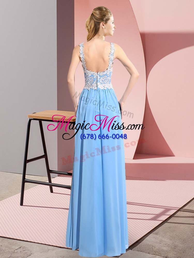 wholesale custom made sleeveless floor length lace zipper prom gown with aqua blue