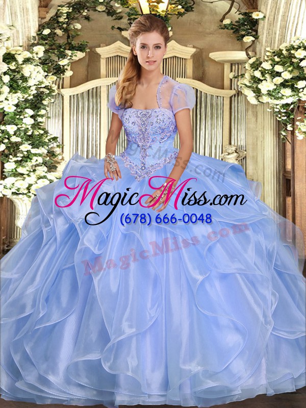 wholesale modern light blue ball gowns organza strapless sleeveless appliques and ruffles floor length lace up ball gown prom dress