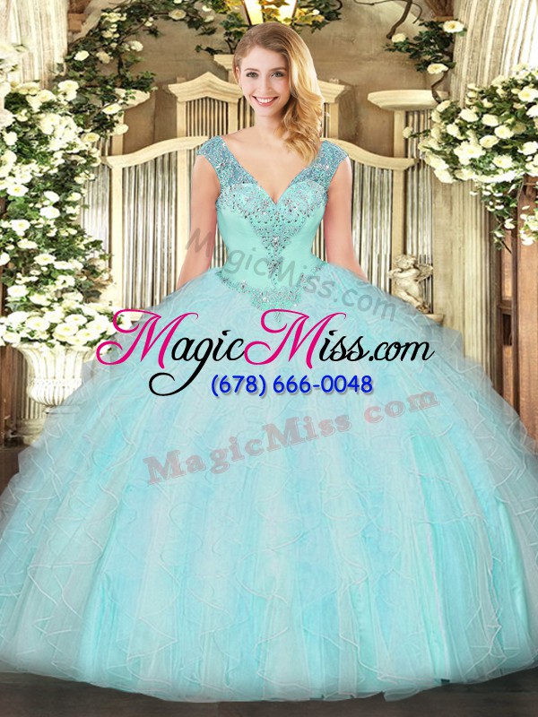 wholesale beautiful aqua blue ball gowns ruffles quinceanera gown lace up organza sleeveless floor length