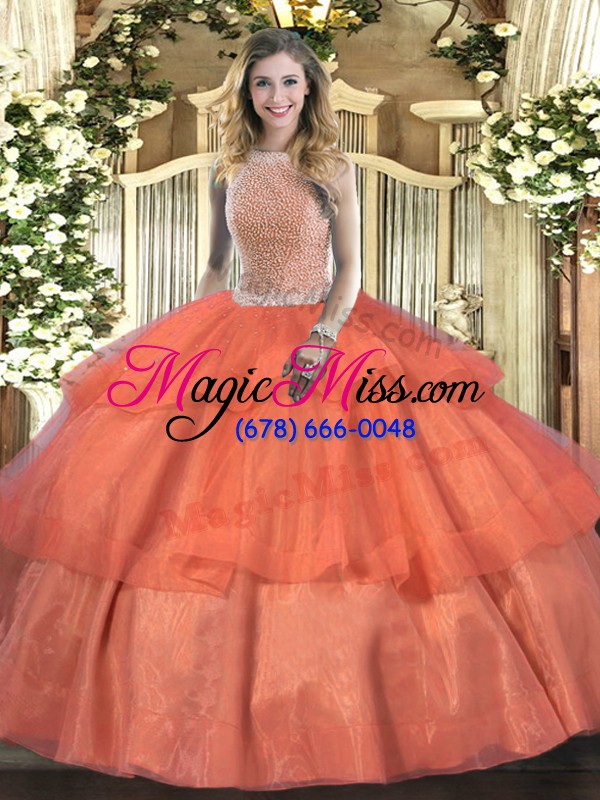 wholesale affordable orange red lace up high-neck beading and ruffled layers quinceanera dress tulle sleeveless