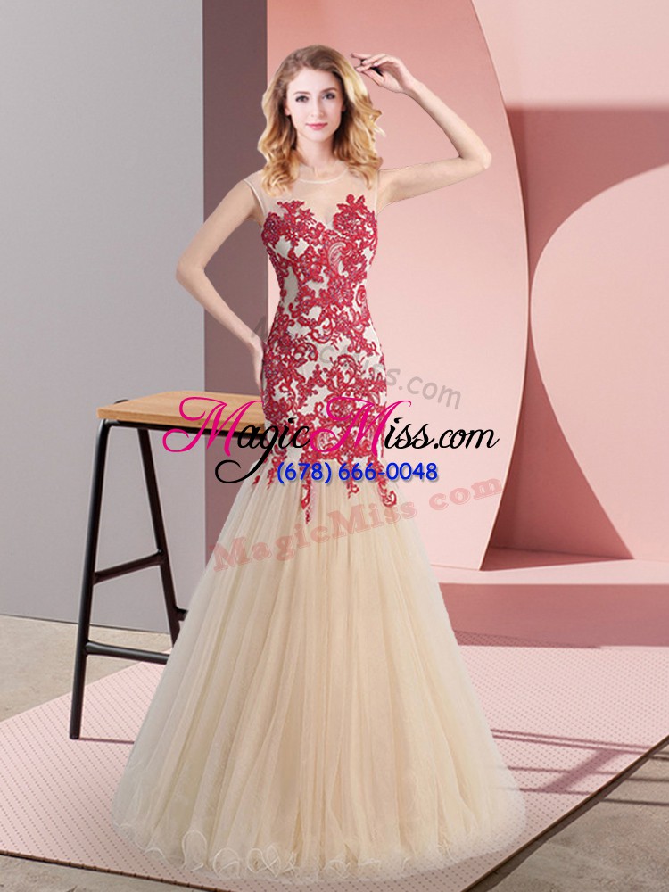 wholesale sleeveless tulle floor length zipper evening dress in champagne with appliques
