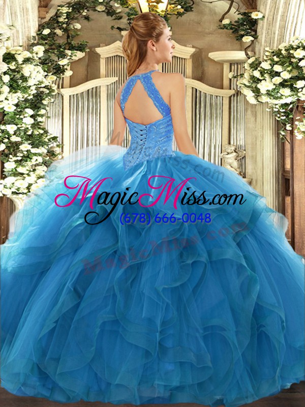 wholesale exceptional blue quince ball gowns military ball and sweet 16 and quinceanera with beading and ruffles high-neck sleeveless lace up