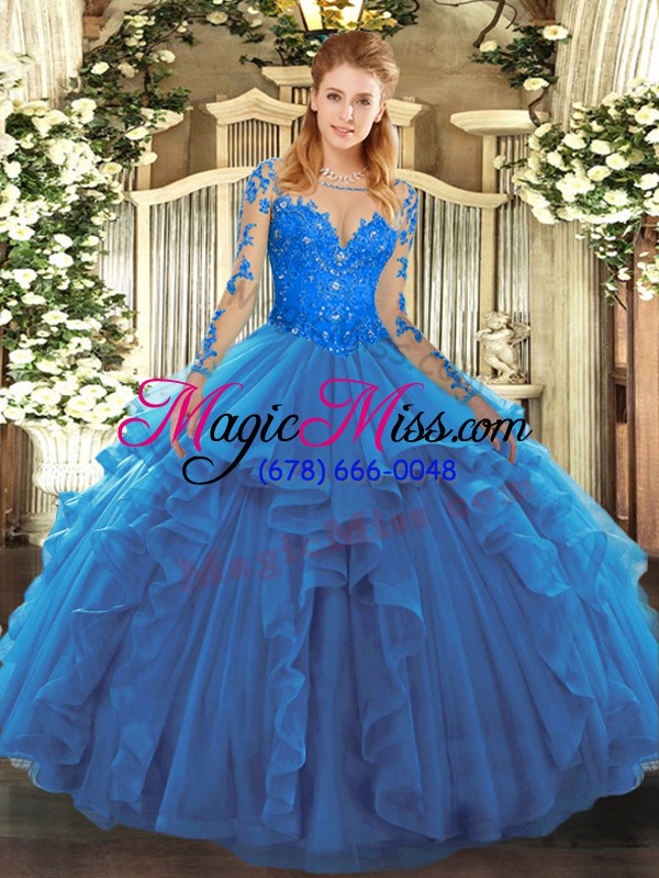 wholesale custom fit blue long sleeves tulle lace up 15th birthday dress for military ball and sweet 16 and quinceanera