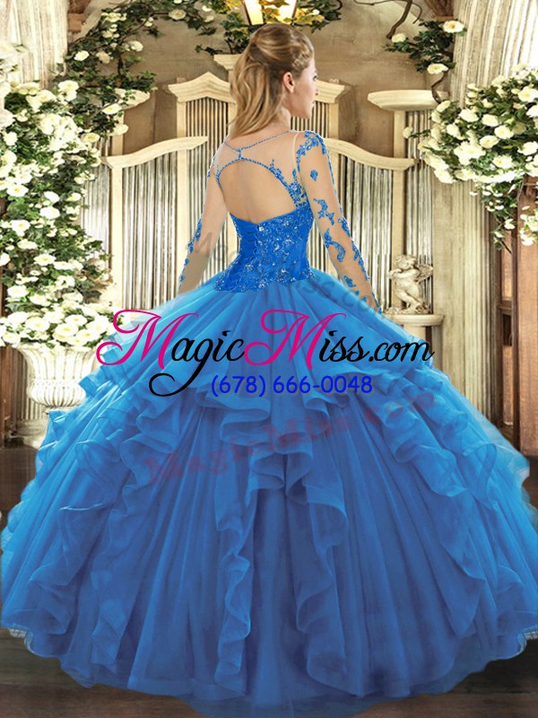 wholesale custom fit blue long sleeves tulle lace up 15th birthday dress for military ball and sweet 16 and quinceanera