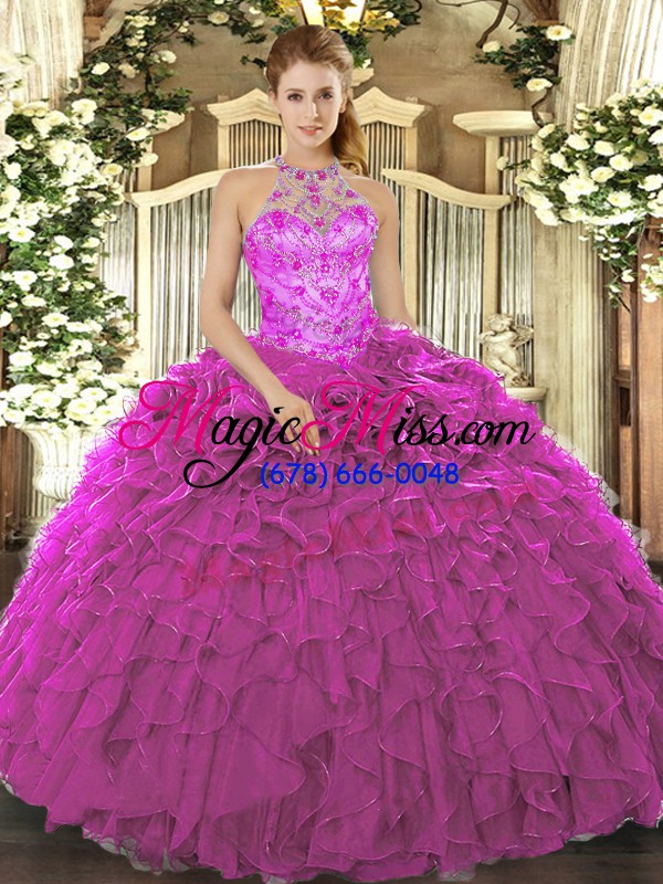 wholesale edgy fuchsia sleeveless floor length beading and embroidery and ruffles lace up sweet 16 dress