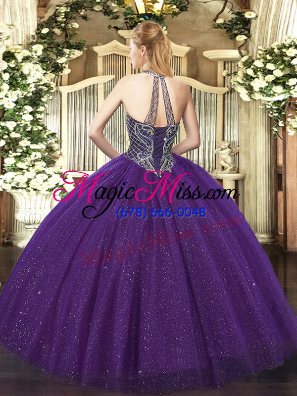 wholesale amazing purple quince ball gowns military ball and sweet 16 and quinceanera with beading halter top sleeveless lace up