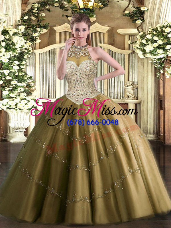 wholesale eye-catching brown sleeveless beading and appliques floor length quinceanera gown