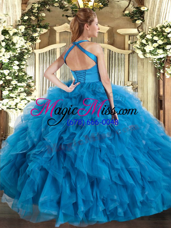 wholesale fuchsia tulle lace up halter top sleeveless floor length quinceanera dresses ruffles