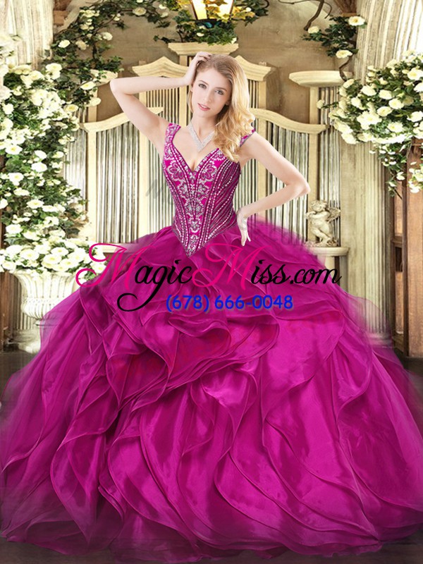 wholesale flare sleeveless floor length beading and ruffles lace up sweet 16 dresses with fuchsia