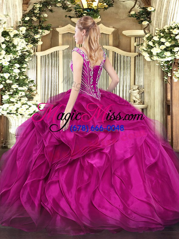 wholesale flare sleeveless floor length beading and ruffles lace up sweet 16 dresses with fuchsia