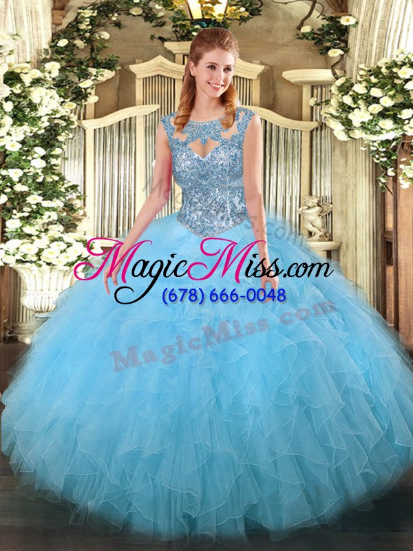 wholesale aqua blue lace up scoop beading and ruffles quinceanera gown tulle sleeveless
