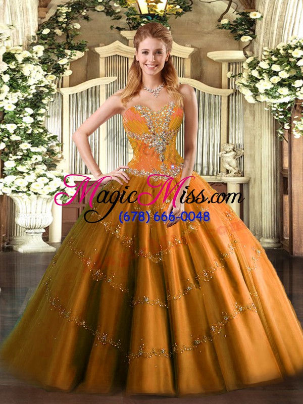 wholesale sleeveless floor length beading lace up ball gown prom dress with orange