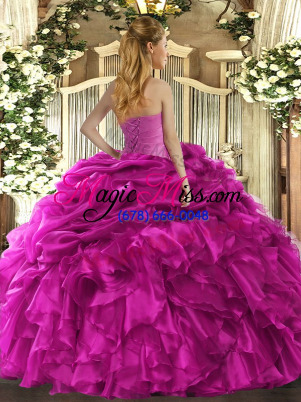 wholesale traditional purple ball gowns organza strapless sleeveless ruffles and pick ups floor length lace up 15 quinceanera dress