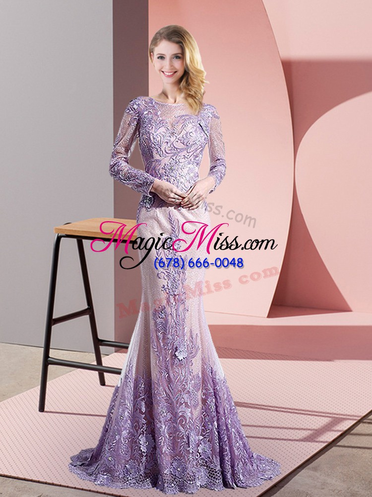 wholesale high end scoop long sleeves prom gown sweep train beading and appliques lavender tulle