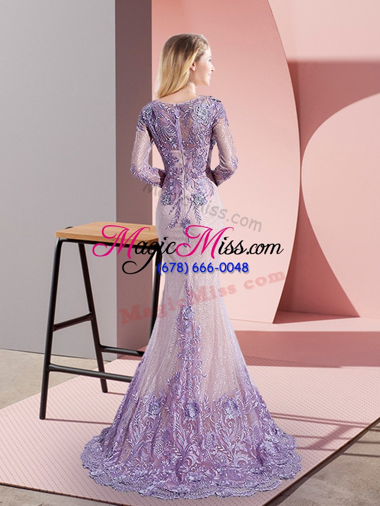 wholesale high end scoop long sleeves prom gown sweep train beading and appliques lavender tulle