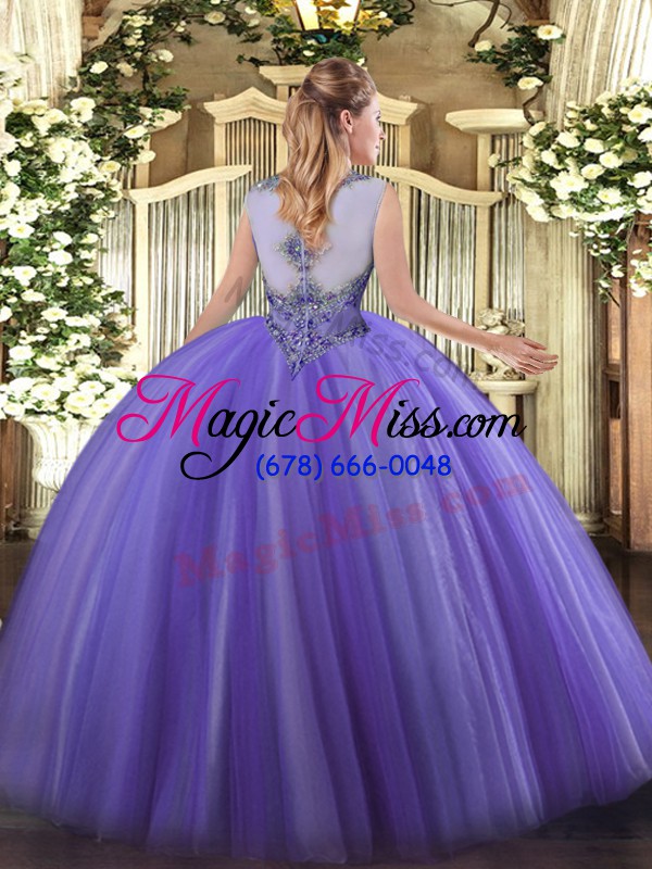wholesale glittering lavender tulle zipper 15th birthday dress sleeveless floor length beading