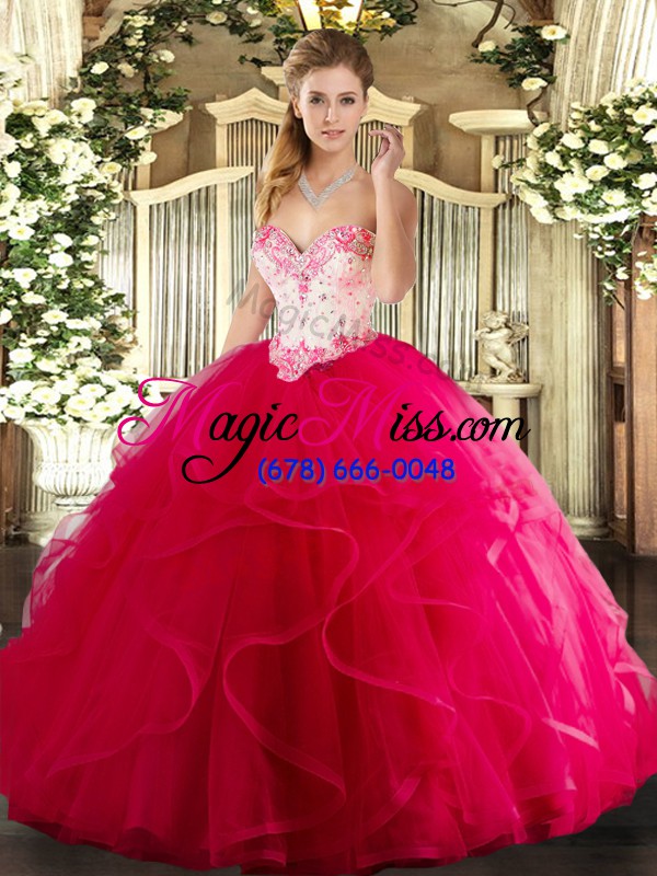 wholesale tulle sweetheart sleeveless lace up beading and ruffles quinceanera dress in hot pink