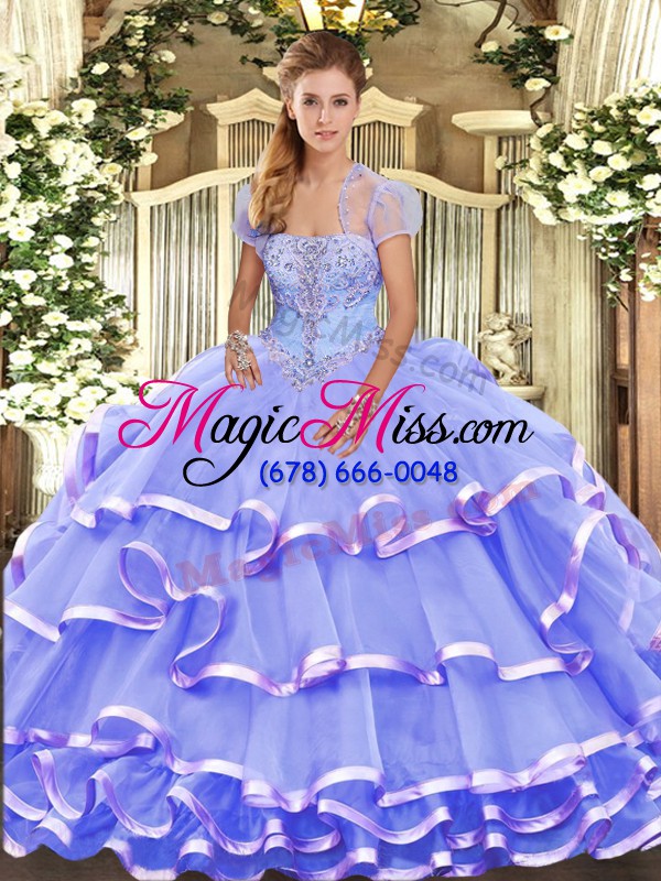 wholesale new arrival lavender lace up strapless appliques and ruffled layers quinceanera gowns organza sleeveless