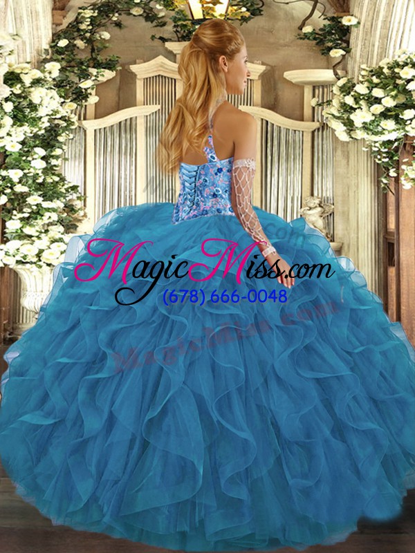 wholesale on sale floor length lace up 15th birthday dress blue for sweet 16 and quinceanera with beading and embroidery and ruffles