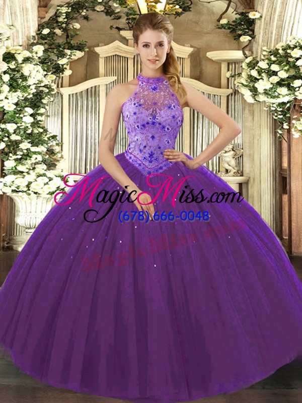 wholesale beautiful sleeveless floor length beading and appliques and embroidery lace up quinceanera dresses with purple