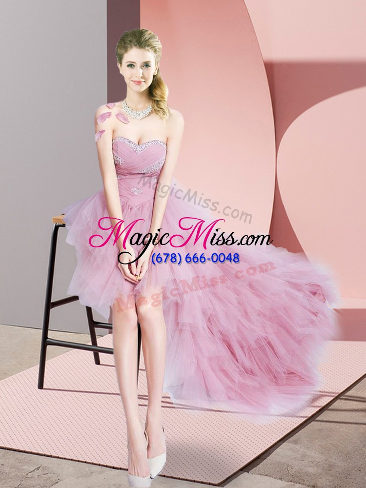 wholesale best selling high low baby pink prom dresses tulle sleeveless beading
