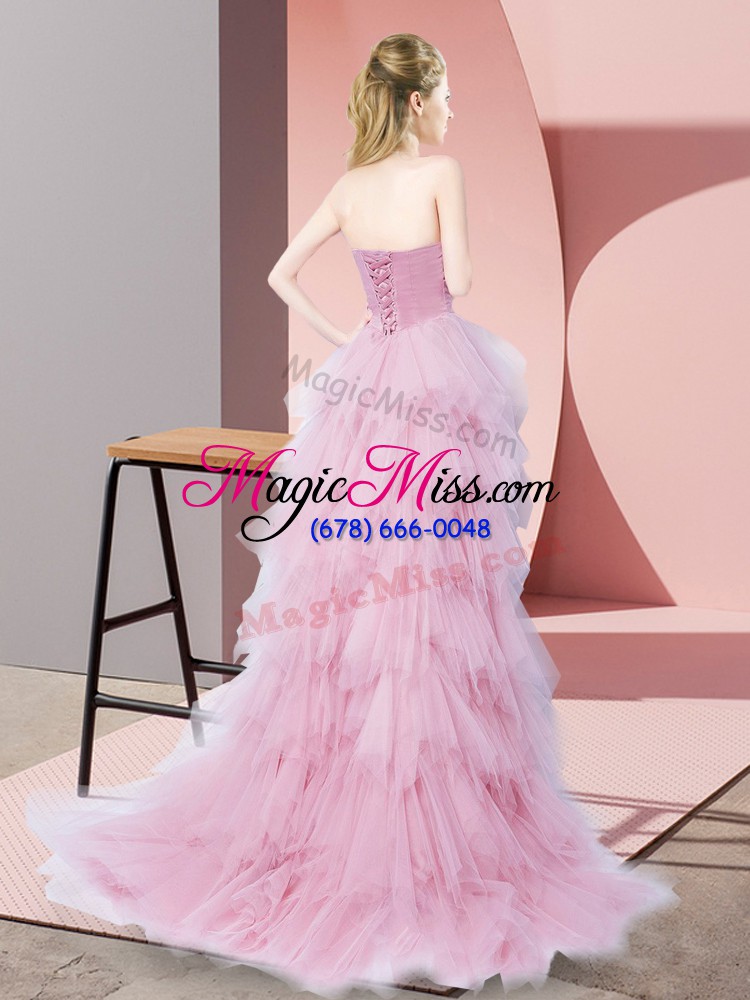 wholesale best selling high low baby pink prom dresses tulle sleeveless beading